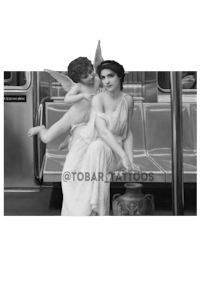a black and white photo of a woman and a man on a train
