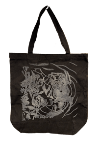 a black tote bag with an image of a dragon on it