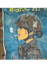 a painting of a woman smoking a cigarette with the words make art not war