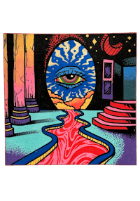 a painting of an eye with a river in the background