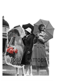 a black and white photo of a group of women holding umbrellas