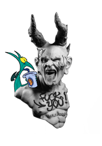 a bust of a demon with horns and a bird on his head