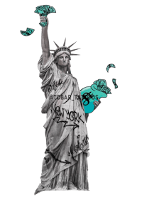the statue of liberty is holding a blue feather